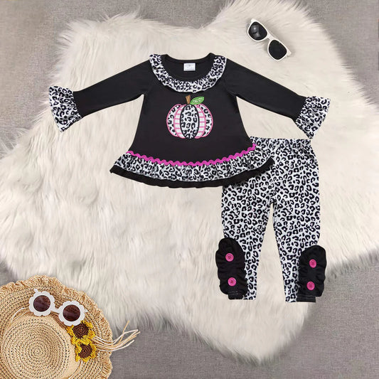 Sibling Baby Girls Black Long Sleeves Leopard Pumpkins Tunic Legging Pant Sets Romper