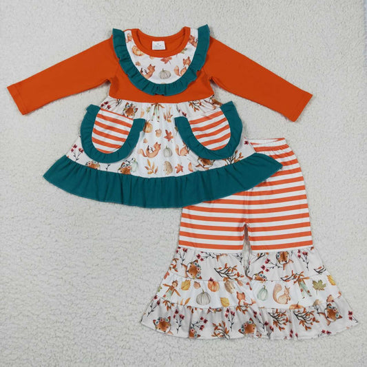 GLP0743 Pumpkin Pockets Tunic Top Stripes Bell Pants Girls Fall Clothes Set