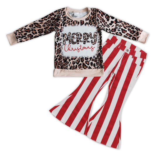 GLP0788 Leopard Top Red Stripes Jeans Girls Merry Christmas Clothes Set