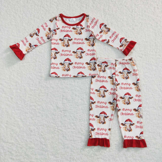 GLP0866 Cows Print Girls Merry Christmas Pajamas Clothes Set