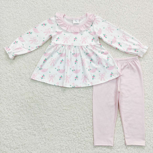 GLP0882 Goose Holly Bows Tunic Top Pink Stripes Legging Pants Girls Christmas Clothes Set