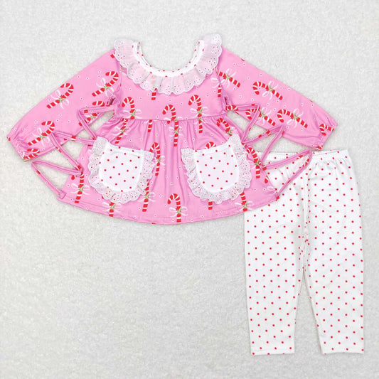 GLP0883 Candy Cane Bows Pockets Tunic Top Dots Legging Pants Girls Christmas Clothes Set