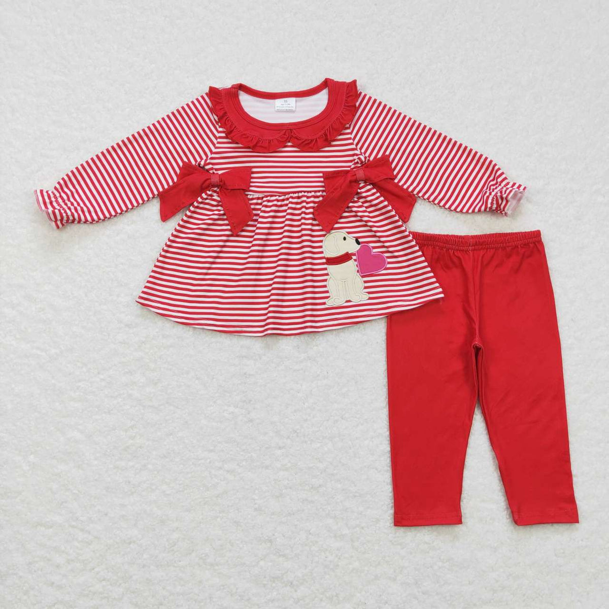 GLP0891 Dog Heart Embroidery Stripes Tunic Top Red Pants Girls Valentine's Day Clothes Set