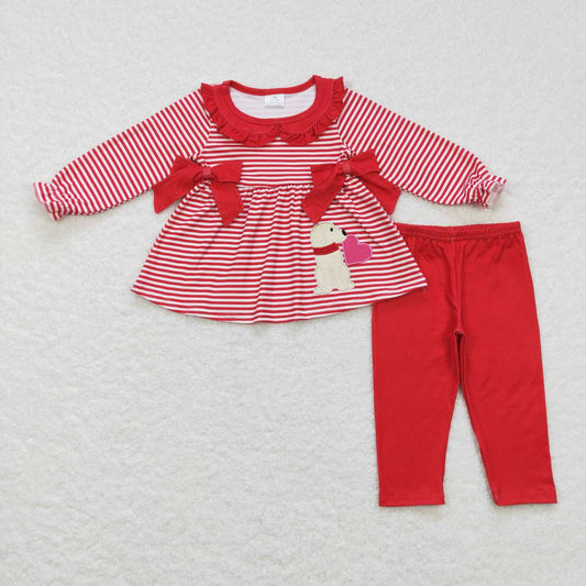 GLP0891 Dog Heart Embroidery Stripes Tunic Top Red Pants Girls Valentine's Day Clothes Set