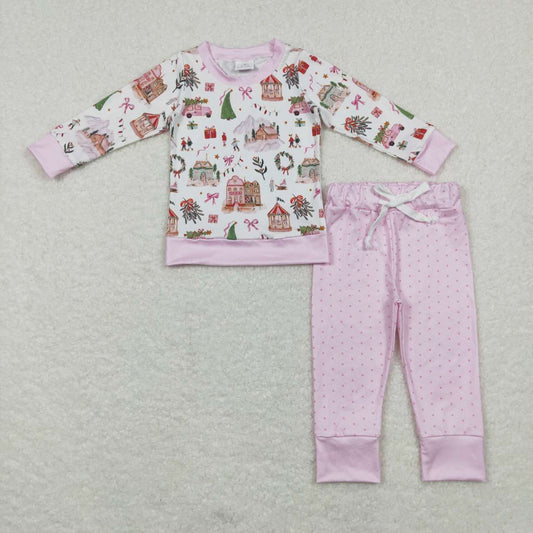 GLP0914 Small Town Bows Top Pink Dots Pants Girls Christmas Clothes Set