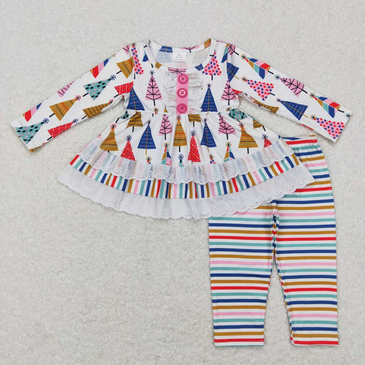 GLP0953 Colorful Tree Ruffle Tunic Top Stripes Pants Girls Christmas Clothes Set
