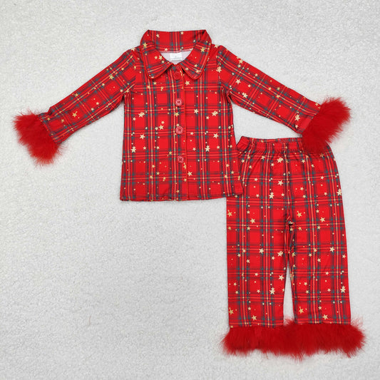 GLP0956 Red Checkered Stars Print Girls Christmas Buttons Fur Pajamas Clothes Set