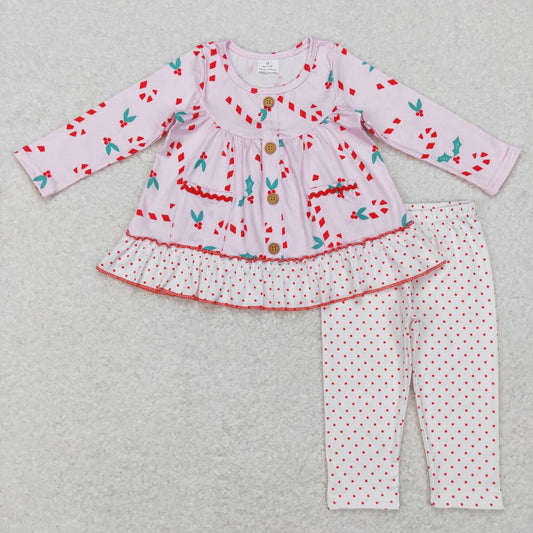 GLP0975 Candy Cane Holly Pockets Ruffle Tunic Top Dots Pants Girls Christmas Clothes Set