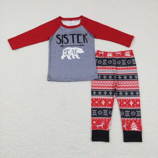 GLP0987 SISTER BEAR Print Girls Christmas Pajamas Clothes Set