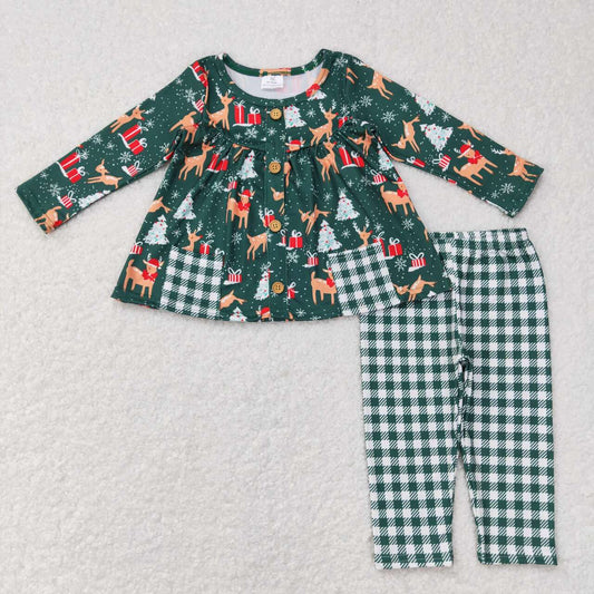 GLP0990 Deer Pockets Tunic Top Checkered Pants Girls Christmas Clothes Set