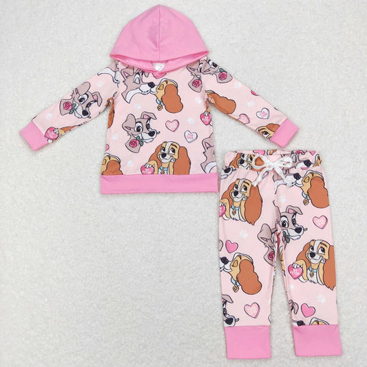 Sibling Baby  Girls Valentines Cartoon Dog Hoodie Outft Bell Bottom Pants Set