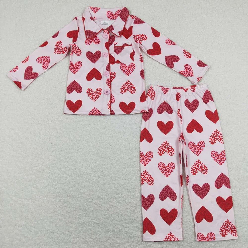 Sibling Girls  Valentine Bow Heart Long Sleeve Pajama Set