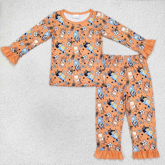 GLP1184 Cartoon Dog Flowers Orange Long Sleeve Pants Girls Fall Pajamas Clothes Set