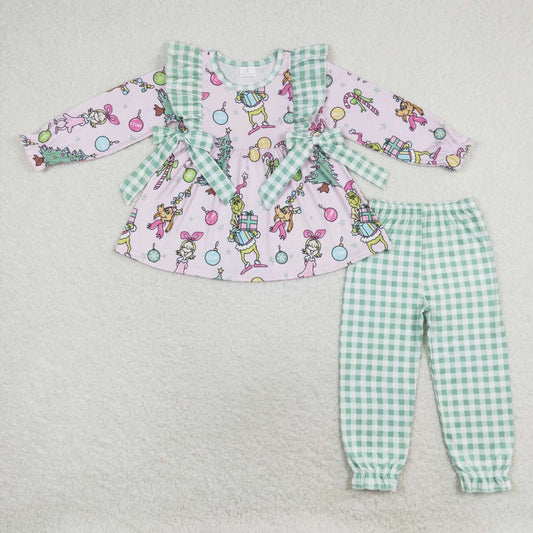 GLP1189 Green Frog Tunic Top Checkered Pants Girls Christmas Clothes Set