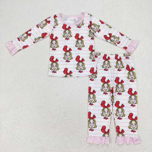 GLP1193 Cartoon Girl Stripes Print Girls Christmas Bamboo Pajamas Clothes Set