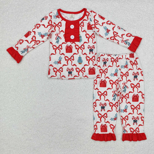 GLP1201 Candy Cane Holly Bows Print Girls Christmas Bamboo Pajamas Clothes Set