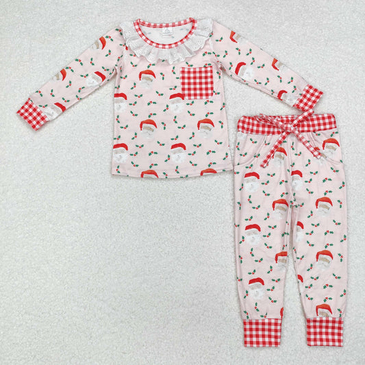 GLP1213 Santa Holly Checkered Print Pockets Girls Christmas Bamboo Pajamas Clothes Set
