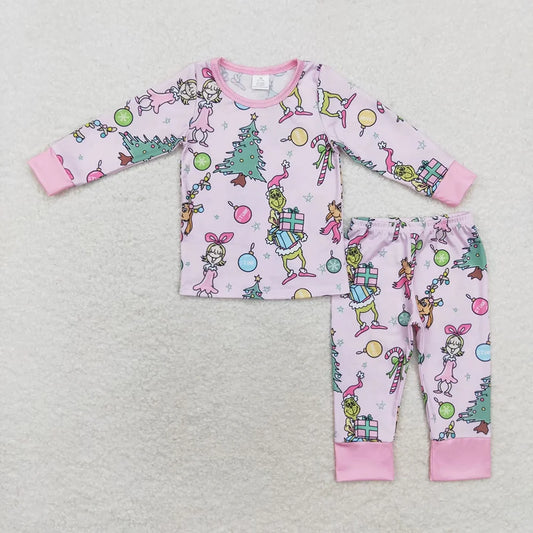 GLP1220 Green Frog Pink Print Girls Christmas Bamboo Pajamas Clothes Set