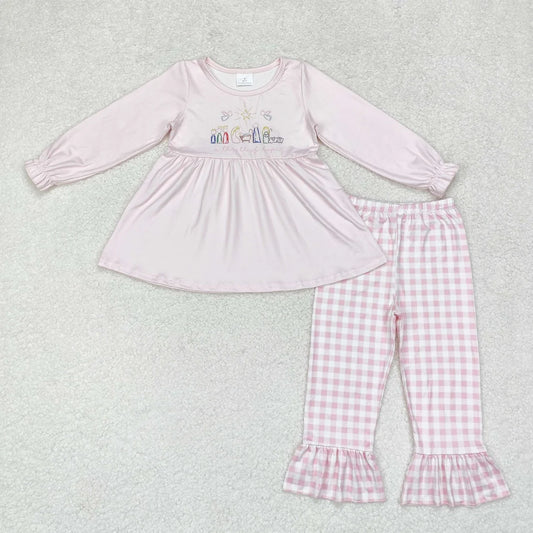 Sibling Baby Girls Green Face Trees Nativity Jesus Tunic Pants Christmas Clothes Sets
