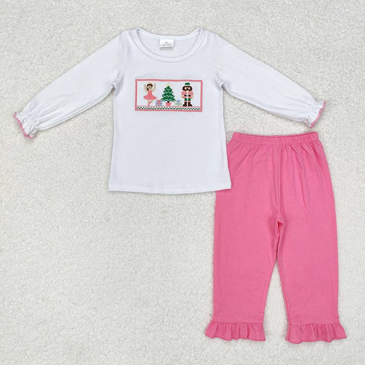 GLP1236 Nutcracke* Soldier Embroidery White Top Pink Pants Girls Cotton Christmas Clothes Sets