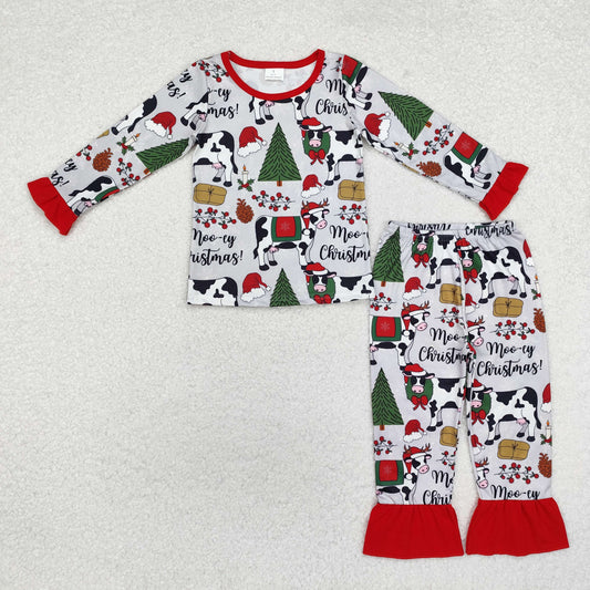 GLP1243 Cows Tree Holly Print Girls Christmas Pajamas Clothes Set