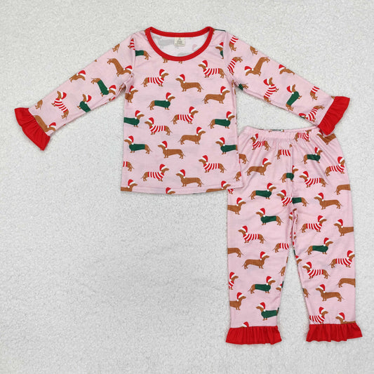 GLP1244 Dog Pink Print Girls Christmas Bamboo Pajamas Clothes Set
