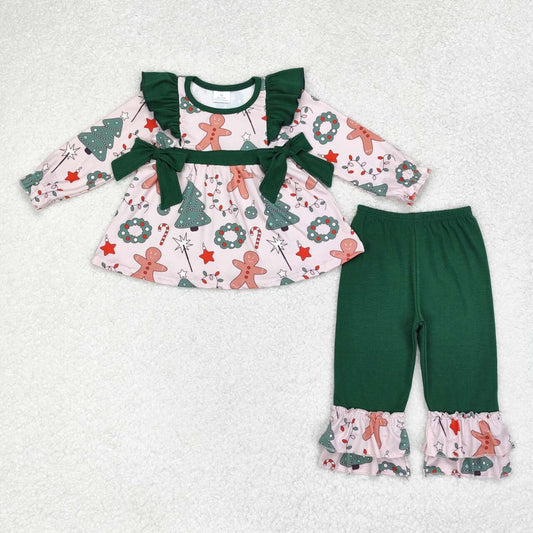 GLP1254 Gingerbread Tree Candy Cane Tunic Top Ruffle Pants Girls Christmas Clothes Set