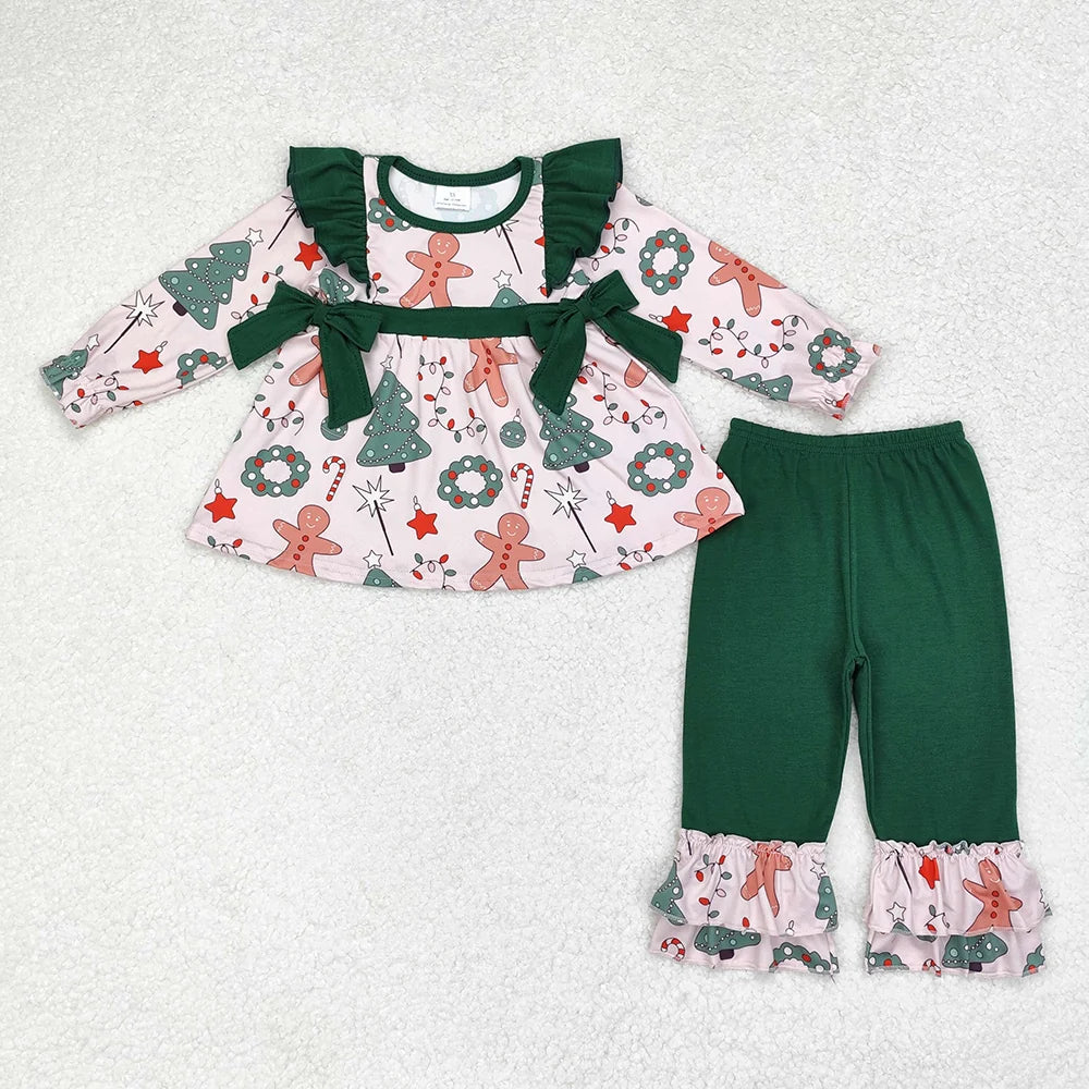 Sibling Baby Girls Long Sleeves Gingerbread Santa Plaid Tunic Ruffle Pants Christmas Sets