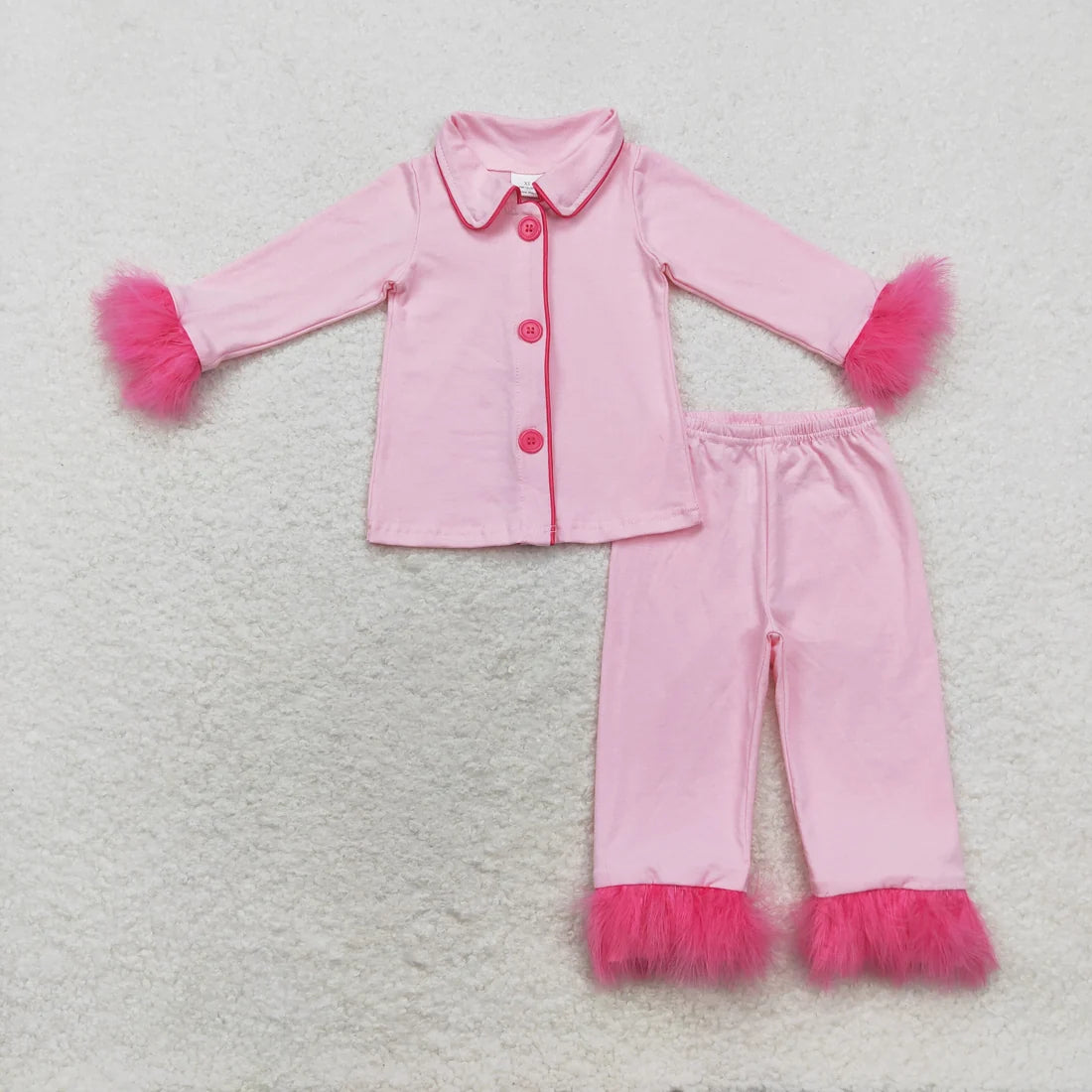 Sibling Girls Bow Boots Heart Print Buttons Top Pants Pajama Set with Fur