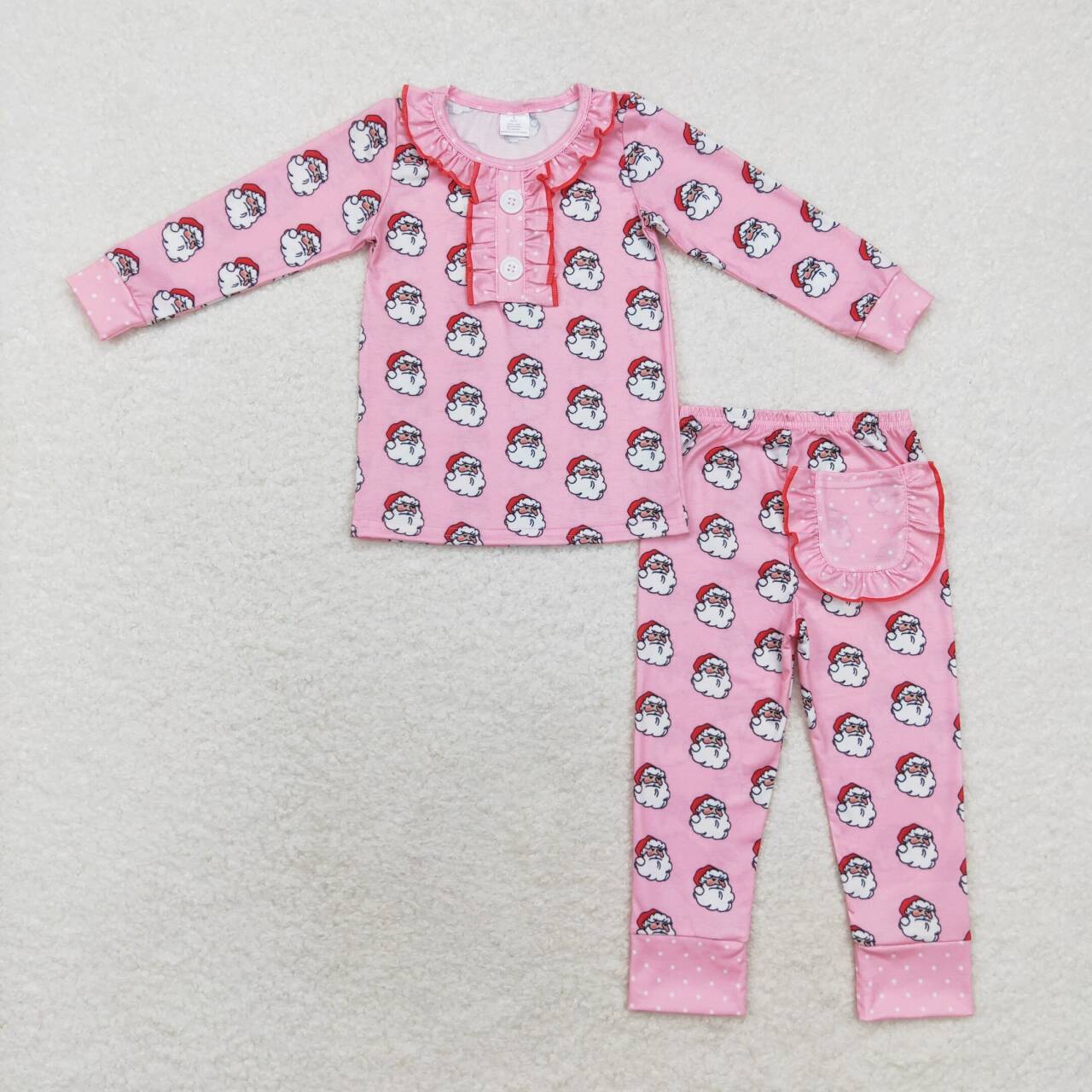 GLP1269 Santa Pink Print Ruffle Pocket Girls Christmas Bamboo Pajamas Clothes Set