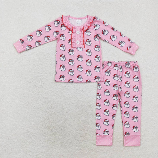 GLP1269 Santa Pink Print Ruffle Pocket Girls Christmas Bamboo Pajamas Clothes Set