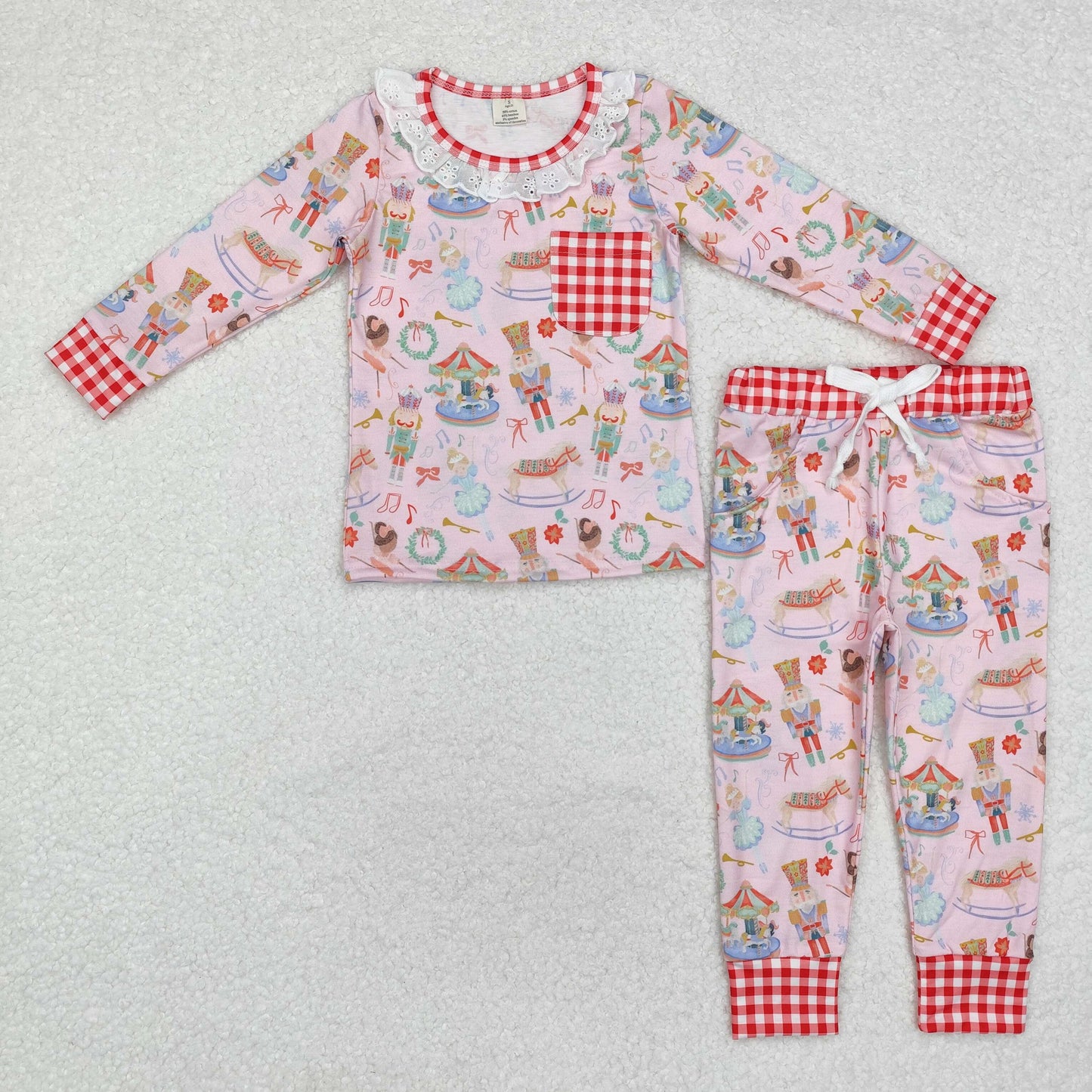 GLP1271 Nutcracke* Soldier Pink Print Ruffle Pockets Girls Christmas Bamboo Pajamas Clothes Set
