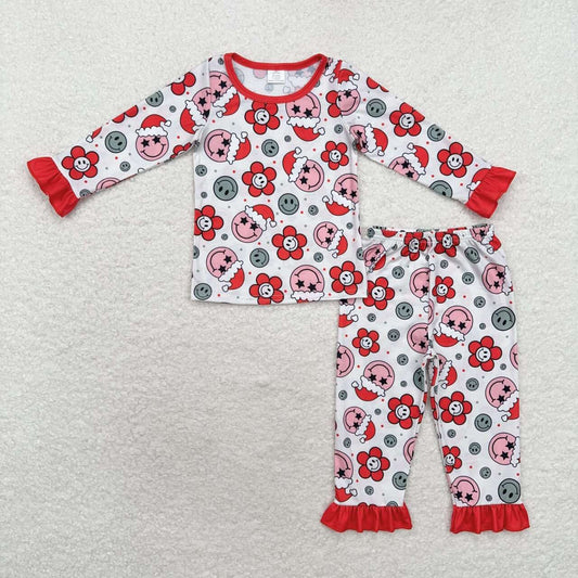 GLP1272 Smiling Flowers Print Ruffle Girls Christmas Bamboo Pajamas Clothes Set