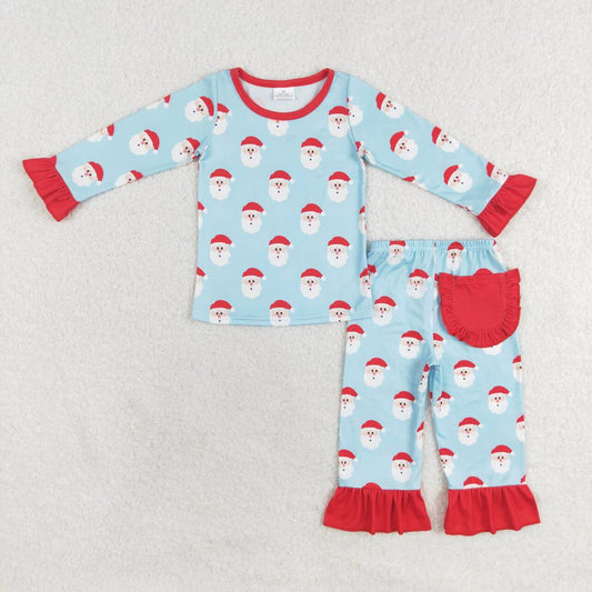 GLP1277 Santa Blue Print Pocket Girls Christmas Pajamas Clothes Set