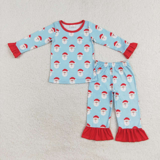GLP1277 Santa Blue Print Pocket Girls Christmas Pajamas Clothes Set
