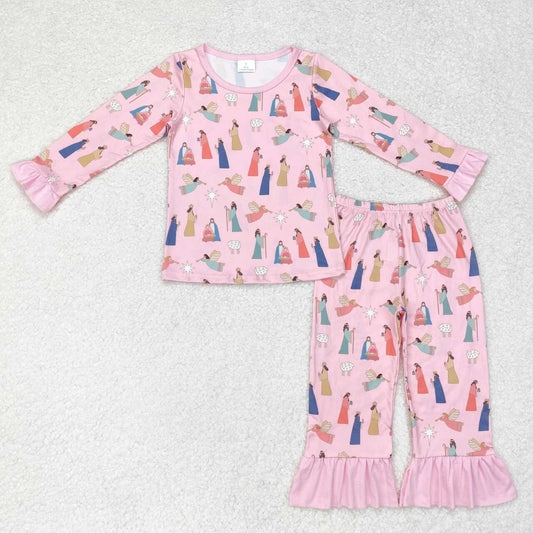 GLP1278 Nativity Pink Print Girls Christmas Pajamas Clothes Set
