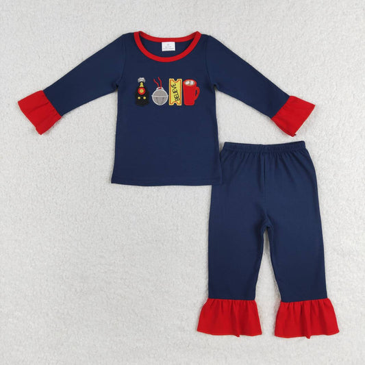 GLP1281 Bell Train Embroidery Navy Cotton Girls Christmas Pajamas Clothes Set