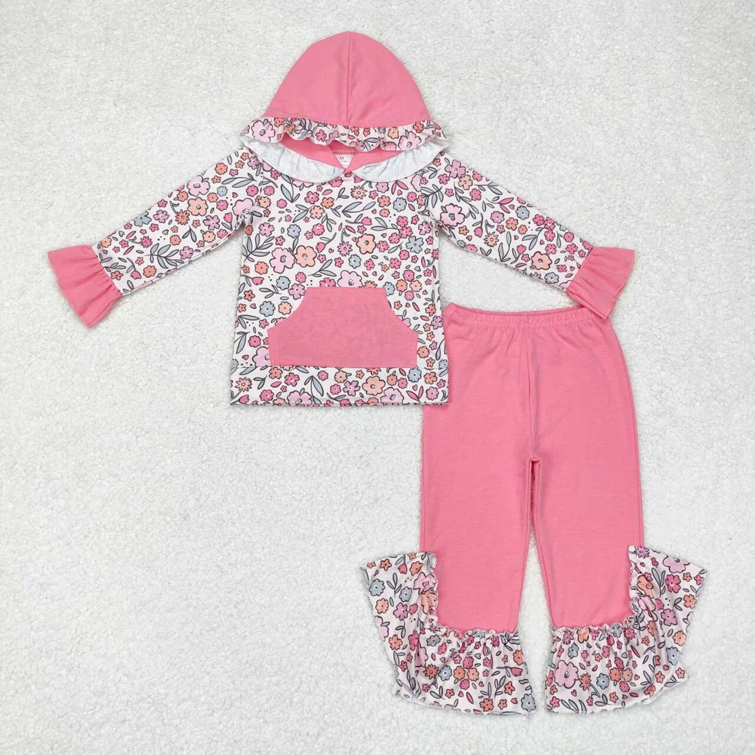 Sibling Baby Girls Ruffle Hoodie Leopard Floral Top Bell Bottom Pants Outfit