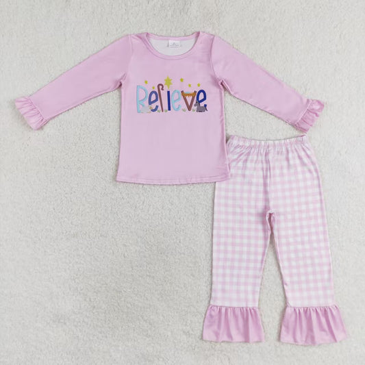 GLP1300 Nativity Believe Pink Checkered Print Girls Christmas Pajamas Clothes Set