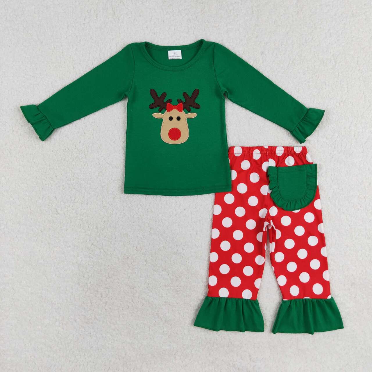 GLP1301 Deer Embroidery Green Top Dots Pants Girls Christmas Clothes Sets