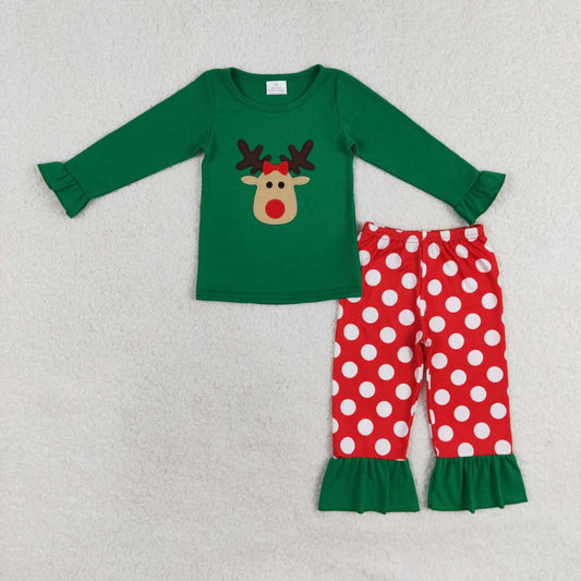 GLP1301 Deer Embroidery Green Top Dots Pants Girls Christmas Clothes Sets