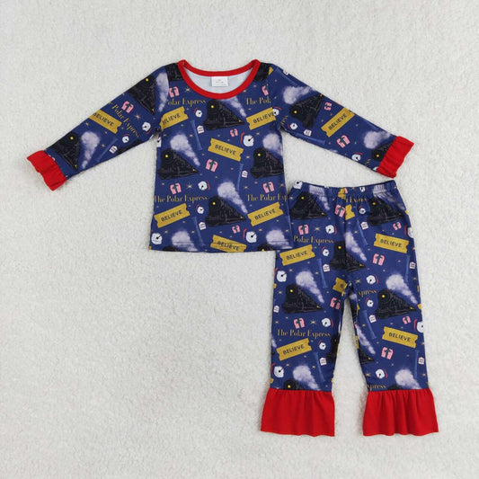 GLP1314 Bell Train Believe Print Girls Christmas Pajamas Clothes Set
