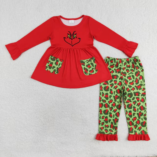 GLP1322 Green Frog Smiling Pockets Tunic Top Leopard Pants Girls Christmas Clothes Set