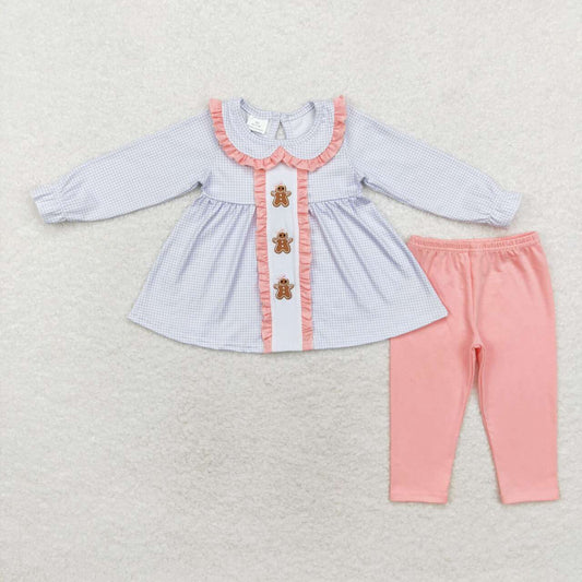 GLP1330 Gingerbread Embroidery Checkered Tunic Top Pink Pants Girls Christmas Clothes Sets