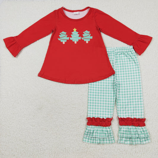 GLP1331 Tree Red Tunic Top Checkered Pants Girls Christmas Clothes Set