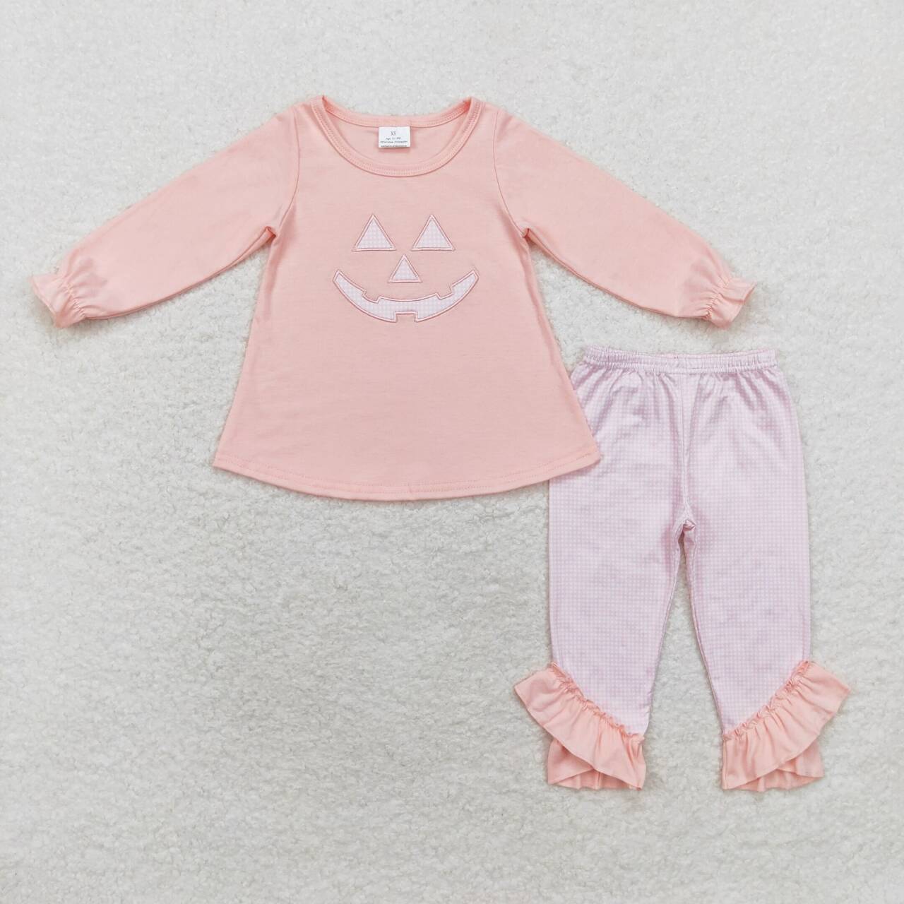 GLP1342 Smiling Face Embroidery Pink Top Checkered Pants Girls Halloween Clothes Set