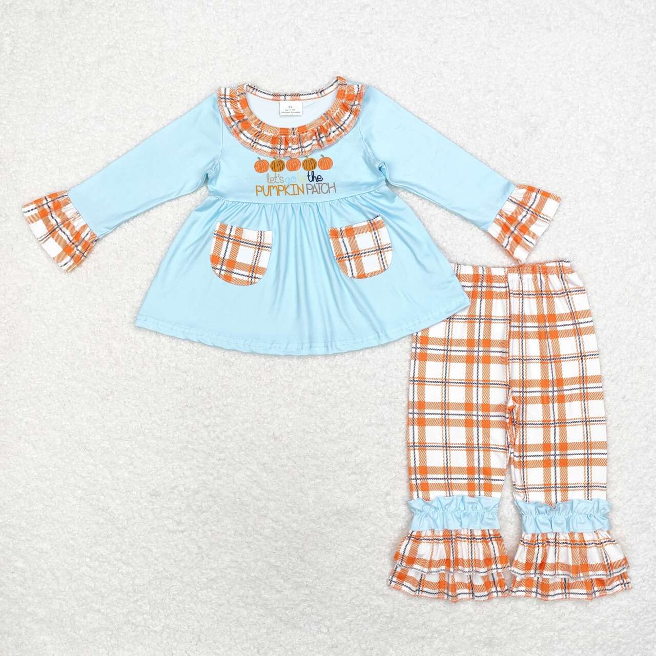 GLP1349 Pumpkin Patch Pockets Blue Tunic Top Checkered Ruffle Pants Girls Fall Clothes Set