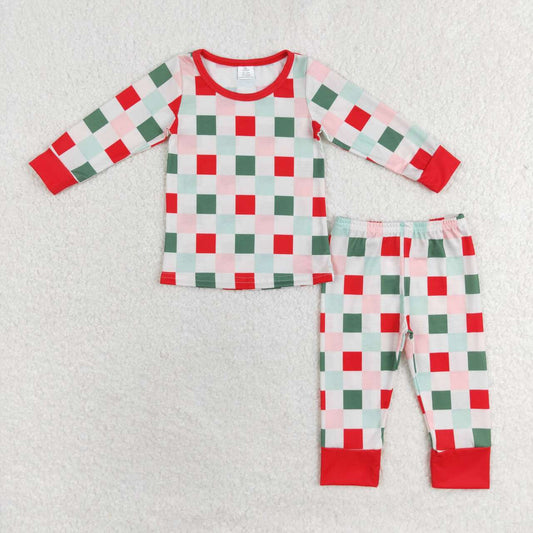 GLP1352 Red Green Checkered Print Girls Christmas Pajamas Clothes Set