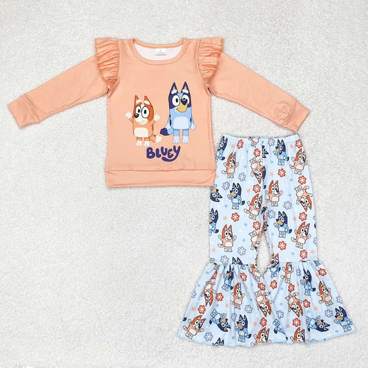 Baby Girls Cartoon Dog Orange Top Bell Bottom Pants Outfit