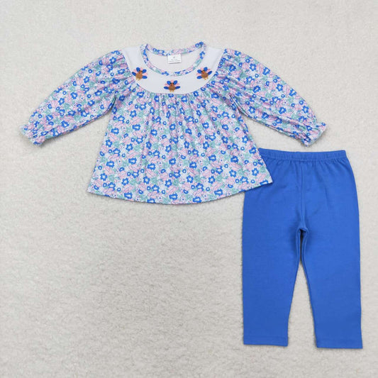 GLP1379 Turkey Embroidery Flowers Tunic Top Blue Pants Girls Thanksgiving Clothes Set